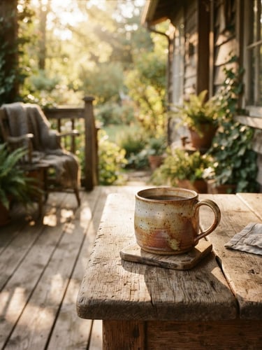 A quiet, sun-dappled wooden porch at golden hour, a single ceramic mug resting on a rustic table, soft focus, warm 35mm film aesthetic.