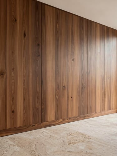 Immaculate residential interior in Miami showing a custom walnut millwork wall meeting a polished travertine floor with perfect alignment, architectural lines, warm natural daylight