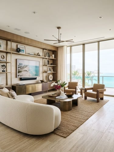 Wide-angle architectural medium-format photo of a luxury Miami living room, warm diffused coastal daylight, floor-to-ceiling glass windows, travertine floors, brushed bronze details.