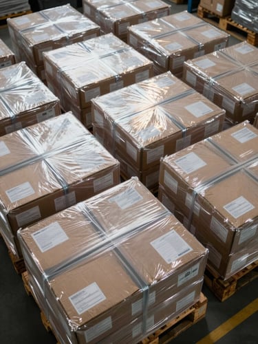 Overhead close-up of palletized product batches on a warehouse floor, shrink-wrapped cartons in neat rows under bright directional fluorescent lighting, labels visible on product faces, systematic arrangement communicating volume and precision