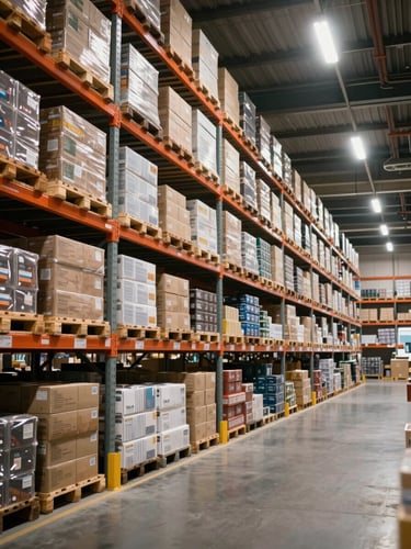 Wide warehouse interior shot from left side, rows of tall metal shelving stacked with sorted pallets of boxed goods, hard overhead industrial lighting casting sharp shadows on organized inventory, deep perspective showing scale and systematic order