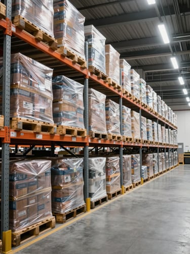 Wide interior shot of a large modern warehouse, rows of tall metal shelving stacked with sorted pallets and shrink-wrapped bulk goods under bright overhead industrial lighting, hard directional light casting crisp shadows across organized inventory, no people, clean concrete floor receding to a vanishing point on the right