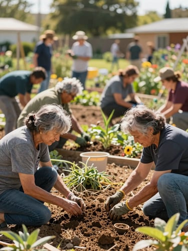 A vibrant community garden in the afternoon sun, local residents of different generations working together, rich earthy tones