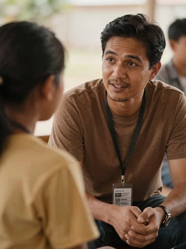 A warm, close-up shot of a community leader in conversation with a local student, soft natural daylight, rich earthy tones, authentic human connection.