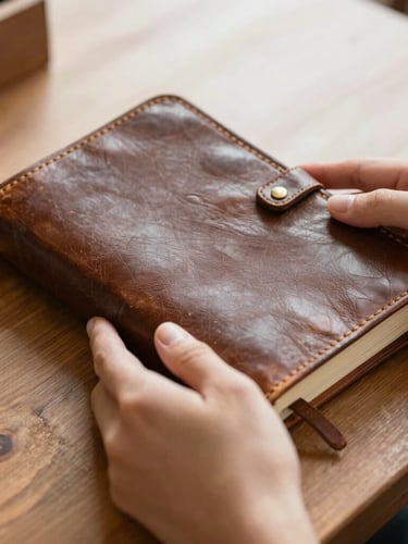 Close-up of hands holding a vintage leather-bound journal on a wooden table, warm indoor lighting, soft focus, evoking heritage and personal legacy