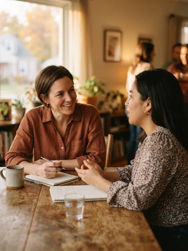 Candid warm editorial photography of an Ohio family coordinator sitting at a wooden table, listening intently to a mother, soft window light, shallow depth of field, 35mm
