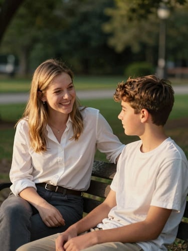 Candid portrait of a friendly counselor talking with a teenage boy on a park bench, warm golden-hour light, soft green foliage background, natural expressions, 35mm