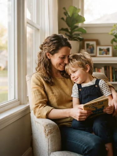 Candid medium shot of a mother and child sharing a quiet moment near a sunny window in an Ohio home, soft natural light, warm editorial style, 35mm.
