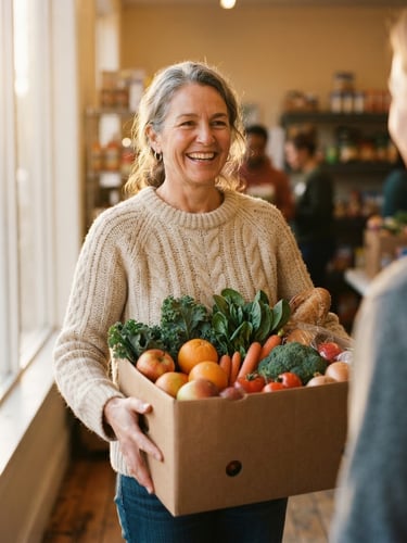 Candid medium shot of a cheerful volunteer in a warm knit sweater holding a box of fresh groceries, soft window light, shallow depth of field, 35mm