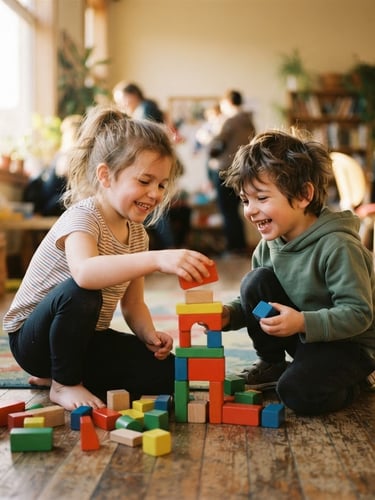 Candid medium shot of two smiling children playing with colorful building blocks in a sunlit community room, soft-focus background, warm natural window light, 35mm