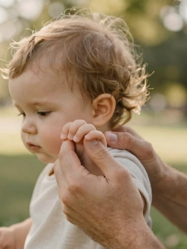 Candid close-up of an Ohio father gently holding his toddler's hands in a park, soft natural light, warm editorial style, shallow depth of field.