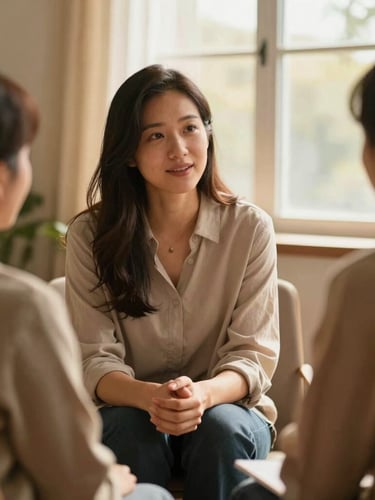 Candid medium shot of a compassionate female counselor talking with a parent in a warm, inviting community room, soft window light, rich tones, 35mm