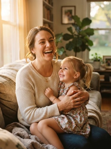 Warm candid photograph of an Ohio mother laughing with her young child in a sunlit living room, soft golden-hour window light, shallow depth of field, 35mm.