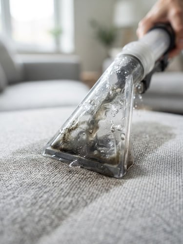 Macro shot of a professional cleaning wand extracting dark dirt from a light grey textured sofa fabric, bright natural daylight, water droplets visible in the suction nozzle, clean editorial photography.