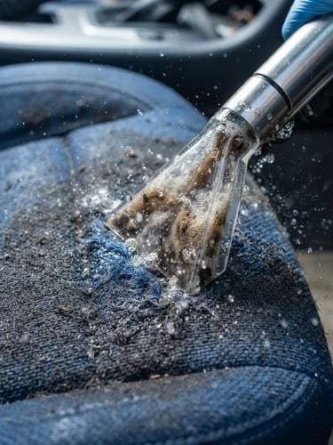 Macro shot of a professional cleaning wand extracting dark dirt from a textured car seat, bright natural daylight, crisp details, water droplets visible.