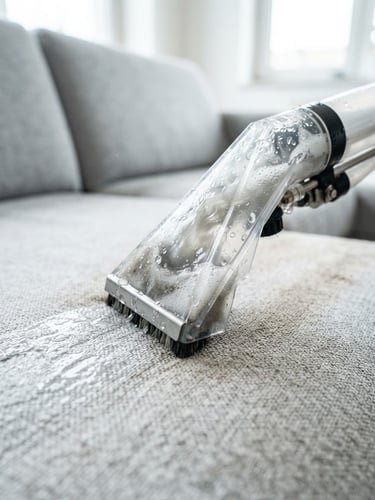 Close-up of a professional cleaning wand extracting deep dirt from a light gray sofa fabric, bright natural daylight, water droplets visible in the suction nozzle, clean and clinical feel