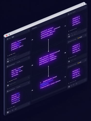 Isometric UI mockup of a developer terminal showing active data pipelines, glowing neon purple syntax highlighting on deep obsidian background