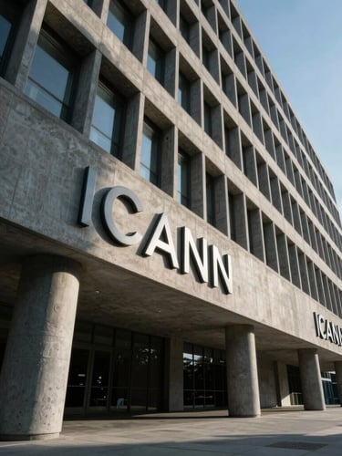 Wide-angle architectural view of the ICANN headquarters building, sharp geometric concrete lines under high-contrast cool daylight, deep shadows.
