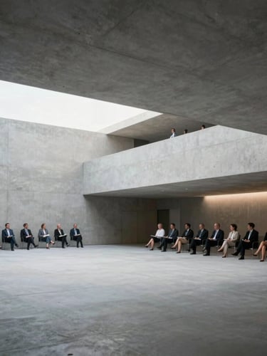 Wide architectural shot of a minimalist Swiss conference hall, sharp concrete lines, cool daylight, blurred executive audience in background