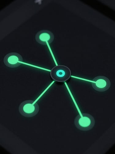Sleek dark-mode software interface showing connected automation nodes, glowing neon green lines on a pure black screen, high-contrast macro shot