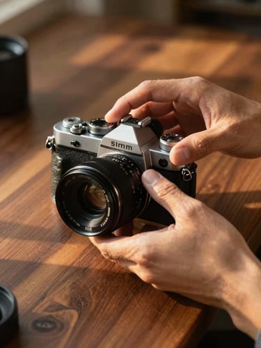 Close-up of hands adjusting a vintage camera lens on a dark walnut wooden workbench, warm golden hour light casting rich shadows, 35mm photography