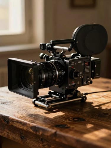 Close-up of a professional cinema camera rig resting on a rustic dark oak table, soft golden window light casting rich shadows, shallow depth of field, 35mm