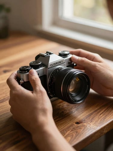 Close-up of hands adjusting a vintage camera lens on a solid walnut worktable, warm side-lit window daylight, shallow depth of field