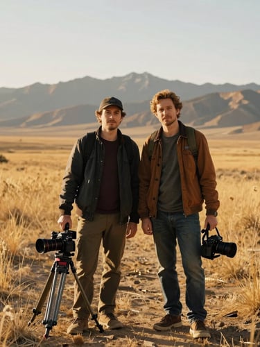A portrait of two media creators standing in a golden Utah valley, carrying a tripod and camera gear, warm afternoon sun, soft shadows, 35mm photography