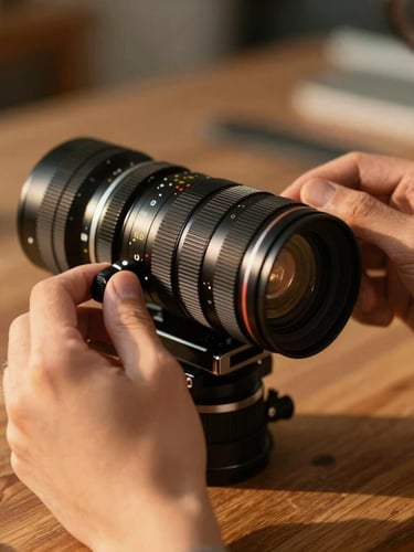 Close-up of hands adjusting a manual cinema lens on a heavy camera rig, warm golden-hour side light, wooden workbench background, shallow depth of field
