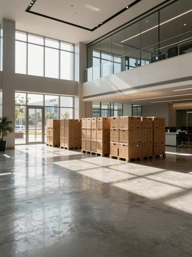 Wide architectural view of a luxury commercial office lobby in Jumeirah Park, crisp daylight reflecting off polished concrete floors, structured packing crates arranged neatly in the background.