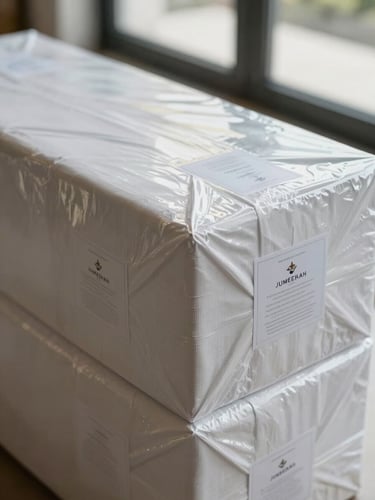 Macro close-up of heavy-duty double-walled boxes with custom labels, wrapped meticulously in thick protective textiles, bright natural daylight, clean reflections inside a luxury Jumeirah Park villa.
