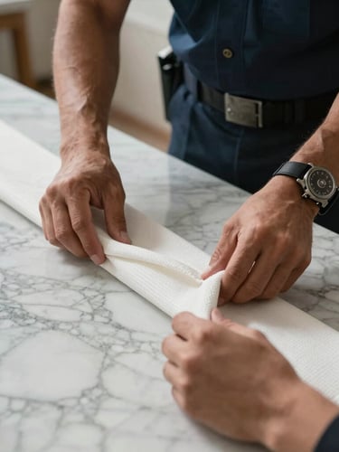 Close-up of a uniformed relocation specialist carefully wrapping a high-value marble tabletop in thick protective textile, bright natural daylight.