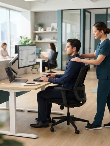 Fisioterapeuta profesional en uniforme clínico ajustando la postura de un empleado en un escritorio moderno y luminoso, con luz natural, en una oficina corporativa.