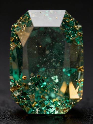 Extreme macro photograph of an emerald's internal jardin under dramatic single-source directional light, showing natural microscopic inclusions and sharp geometric facets