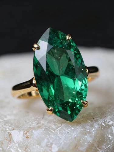 Macro shot of a marquise-cut emerald ring resting on raw white quartz, dramatic high-contrast chiaroscuro lighting, deep green facets