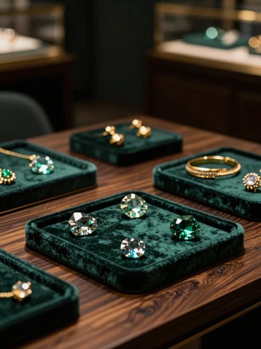 luxury editorial photography, dramatic chiaroscuro lighting, deep emerald and rich gold tones, shallow depth of field. A private luxury jewelry salon in Sydney, velvet trays with raw stones on a dark oak table.