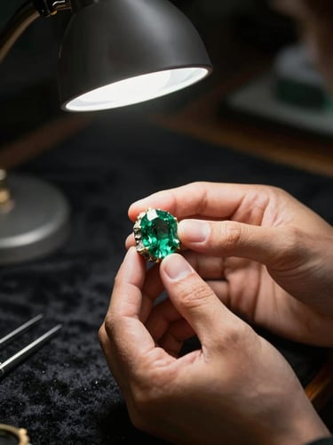 A master gemologist examining a rough green emerald under a single directional light source, hands holding the stone over dark velvet, dramatic shadows