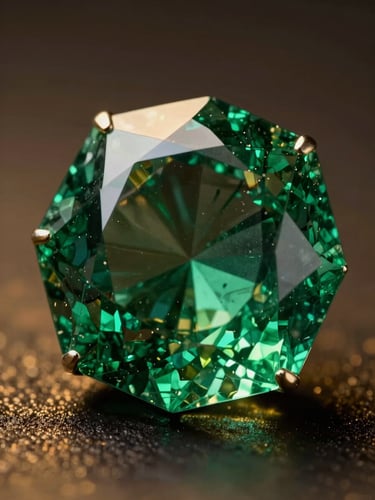 Extreme macro luxury editorial photograph of a master-cut emerald facet showing its delicate natural internal jardin, dramatic high-contrast chiaroscuro single-source lighting, deep velvety green and gold tones, shallow depth of field