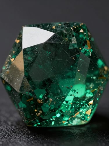 Extreme macro photograph of a raw emerald facet showing natural inclusions and deep green geometric patterns, dramatic chiaroscuro lighting, dark background