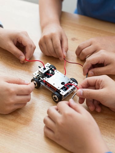 Close-up of diverse children's hands collaboratively assembling a small robotic chassis with red wires and silver metal plates on a clean wooden table, bright natural daylight.