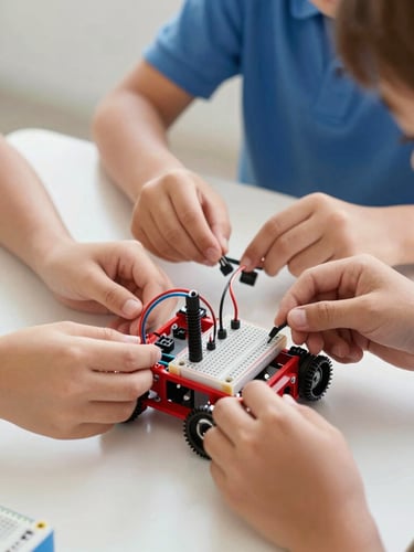 Close-up of diverse K-8 children's hands collaboratively assembling a small red robotic chassis, inserting wires into a breadboard, bright natural daylight.