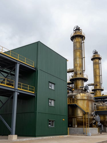Wide-angle architectural shot of a modern industrial pyrolysis facility in Romania, clean steel lines, low-key overcast European daylight, professional editorial corporate photography.