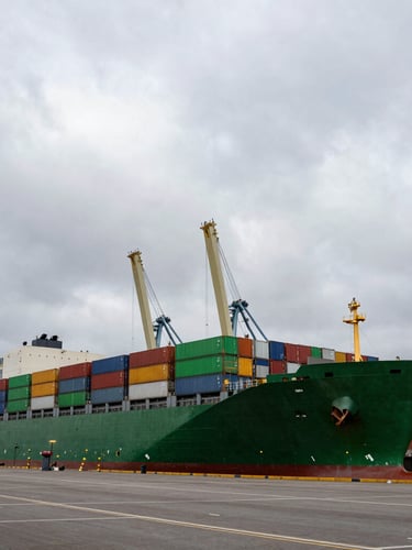 Wide-angle architectural shot of modern Rotterdam port terminals under overcast grey skies, massive green container ships, cargo cranes in the background, low-key lighting, 35mm lens.