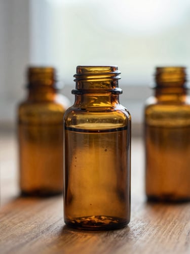 Macro close-up of clean amber glass supplement bottles on a wooden counter, soft natural morning light, shallow depth of field, 35mm