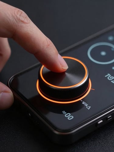 Extreme close-up of a finger turning a physical-looking digital dial on an Android device screen. High-contrast vector schematic layout, safety orange rim lighting, matte dark background.