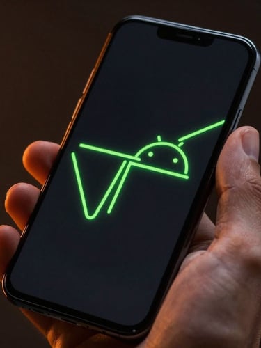 Extreme close-up macro shot of a hand holding a matte black Android phone, neon green vector lines on screen, low-key moody studio lighting with orange rim light.