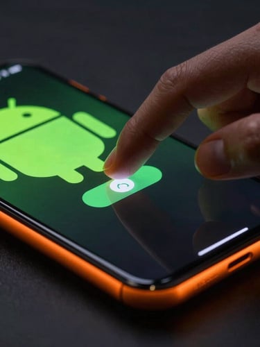 Extreme macro close-up of a hand interacting with a modern Android phone screen, neon green interface elements reflecting off matte black glass, moody low-key studio lighting with safety orange rim light.