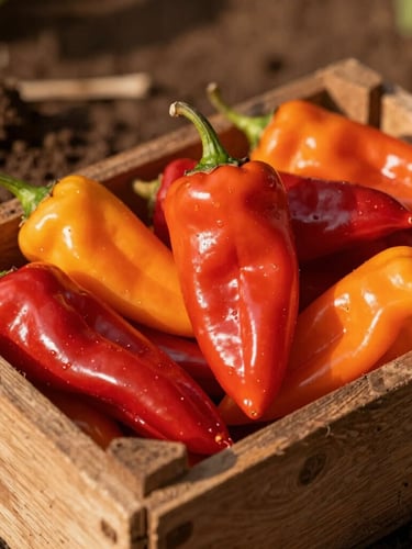 Vibrant editorial food photography of freshly harvested red and orange habanero peppers in a rustic wooden crate, rich Colombian soil in the background, warm golden-hour sunlight with deep dramatic shadows, macro 35mm