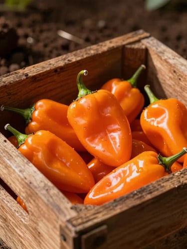 Vibrant editorial food photography of freshly harvested bright orange habanero peppers in a rustic wooden crate, dramatic sunlight and deep shadows, rich Colombian soil visible in the background, 35mm.