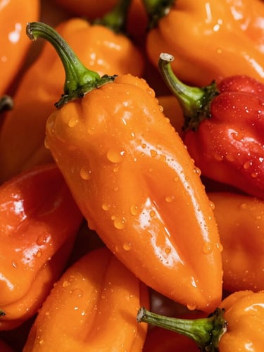 Macro close-up of bright orange and red ripe habanero peppers, glistening with dew, high contrast shadows